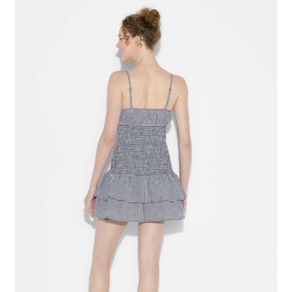 Women’s Smocked Mini Skater Dress Light Gray Checkered Medium Wild Fable - Picture 2 of 9